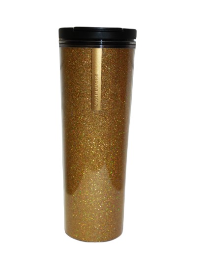 STARBUCKS COFFEE TUMBLER BADGE GOLD GLITTER EDITION REUSABLE COFFEE MUG